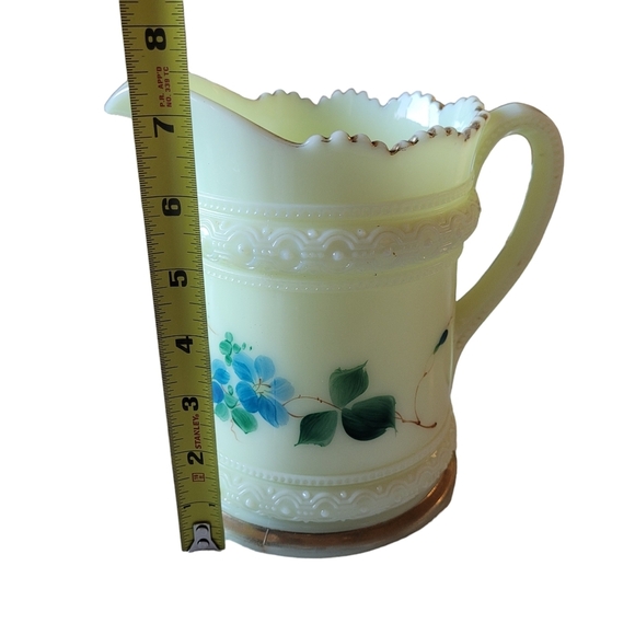 1800s Heisey Ring Band Custard Glass Pitcher & 4 Cups Rare Blue Hibiscus UV - Picture 9 of 10